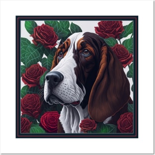 Basset Hound red roses 2 Posters and Art
